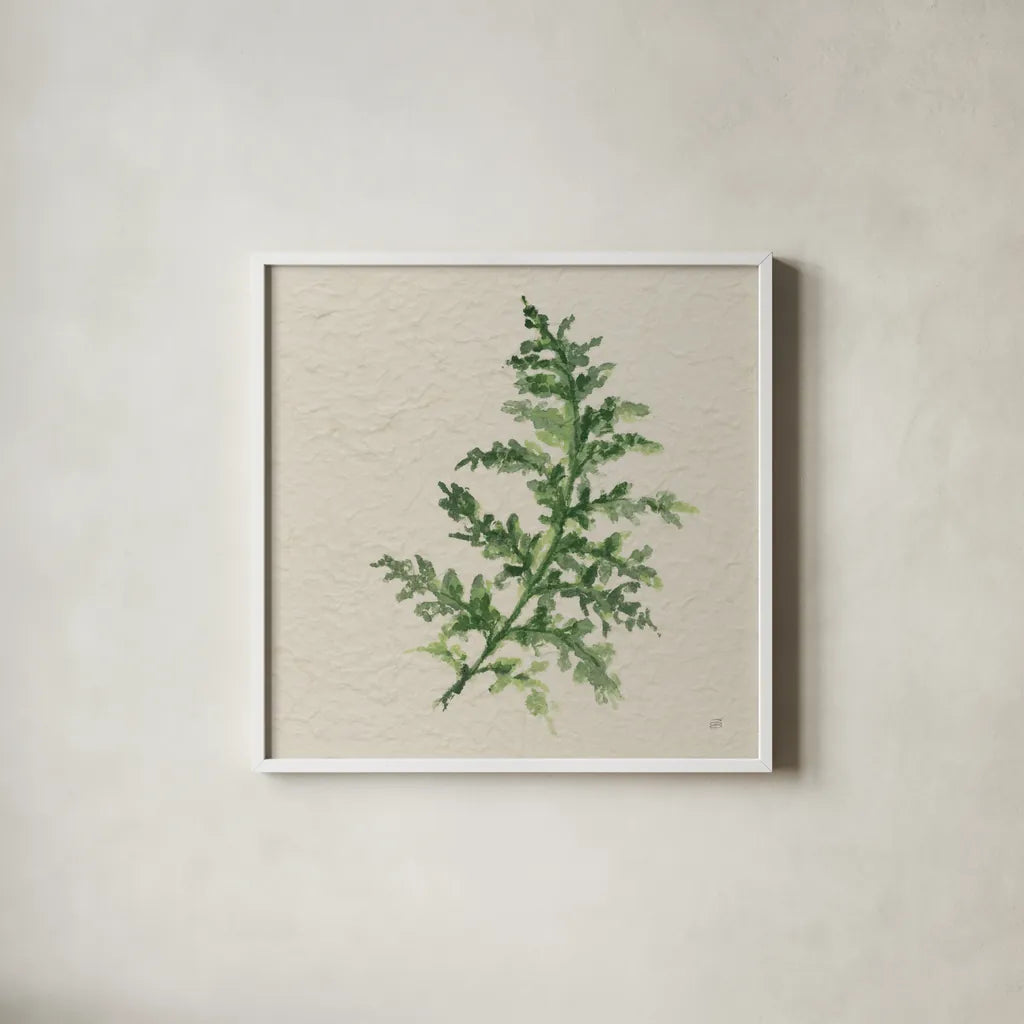 Kozo Fern II by Chris Paschke. Shown in a crisp white glass frame for a clean and minimalist style. Available as an archival giclee rolled canvas, fine art paper, or poster print. SKU 95415a.