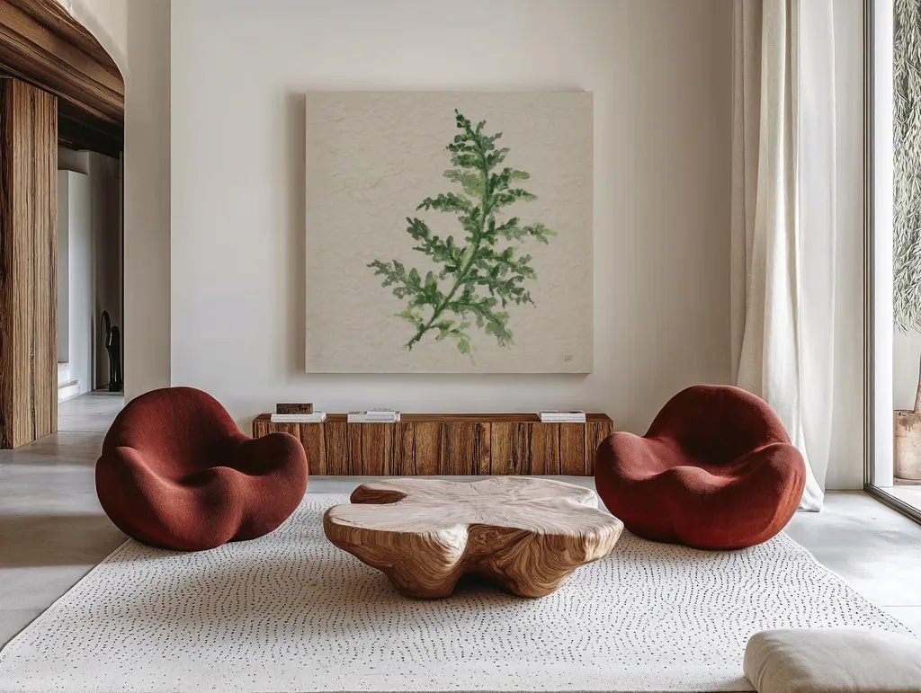 Kozo Fern II by Chris Paschke. Shown as extra-large giant wall art in a modern living room. Available as an archival giclee rolled canvas, fine art paper, or poster print. SKU 95415a.