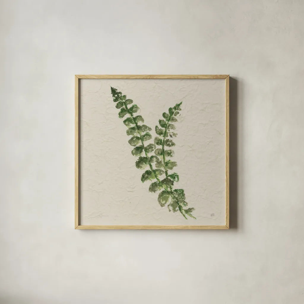 Kozo Fern III by Chris Paschke. Shown in a natural wood glass frame for a timeless modern aesthetic. Available as an archival giclee rolled canvas, fine art paper, or poster print. SKU 95416a.