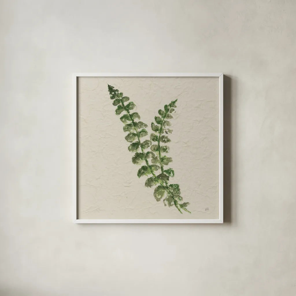 Kozo Fern III by Chris Paschke. Shown in a crisp white glass frame for a clean and minimalist style. Available as an archival giclee rolled canvas, fine art paper, or poster print. SKU 95416a.
