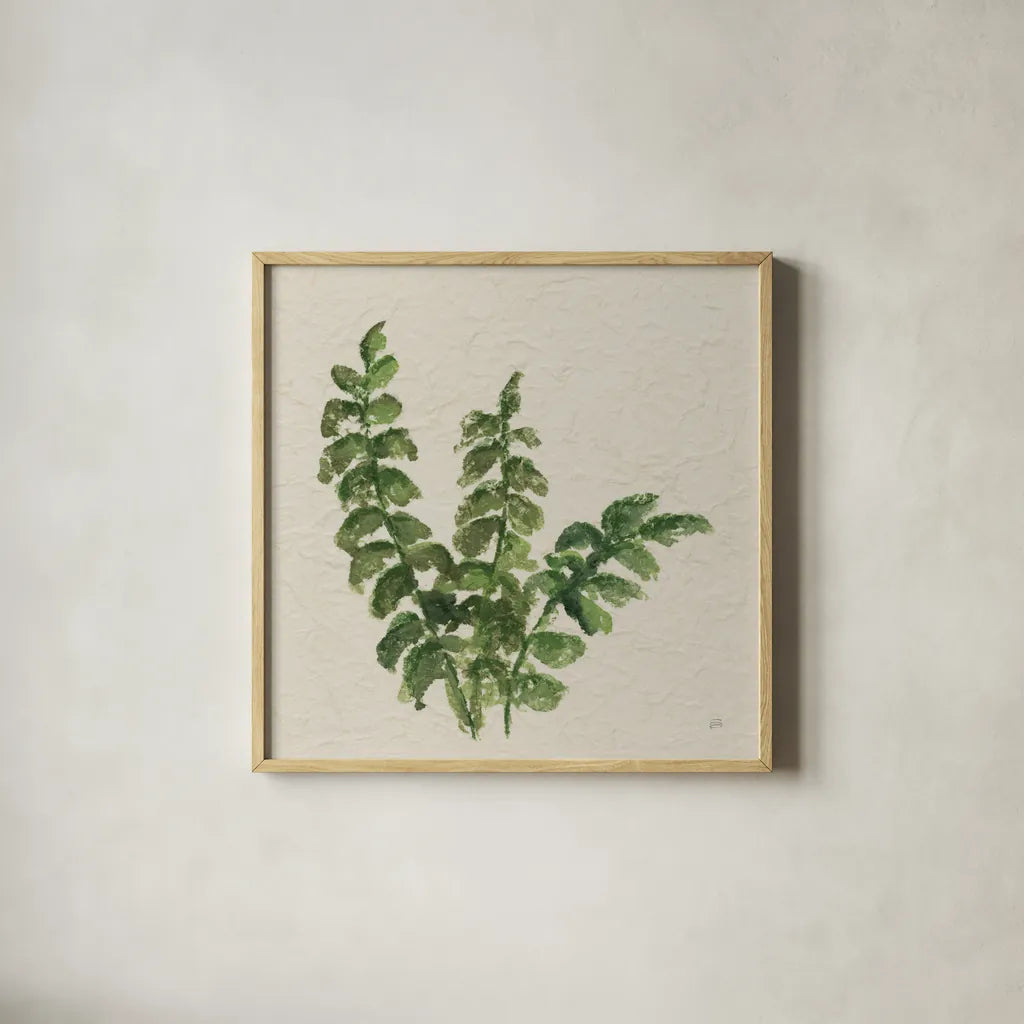 Kozo Fern IV by Chris Paschke. Shown in a natural wood glass frame for a timeless modern aesthetic. Available as an archival giclee rolled canvas, fine art paper, or poster print. SKU 95417a.
