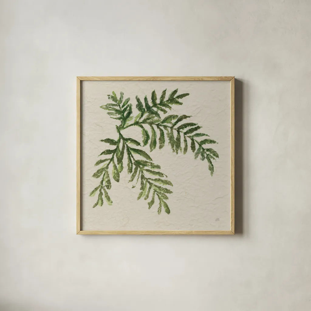 Kozo Fern V by Chris Paschke. Shown in a natural wood glass frame for a timeless modern aesthetic. Available as an archival giclee rolled canvas, fine art paper, or poster print. SKU 95418a.