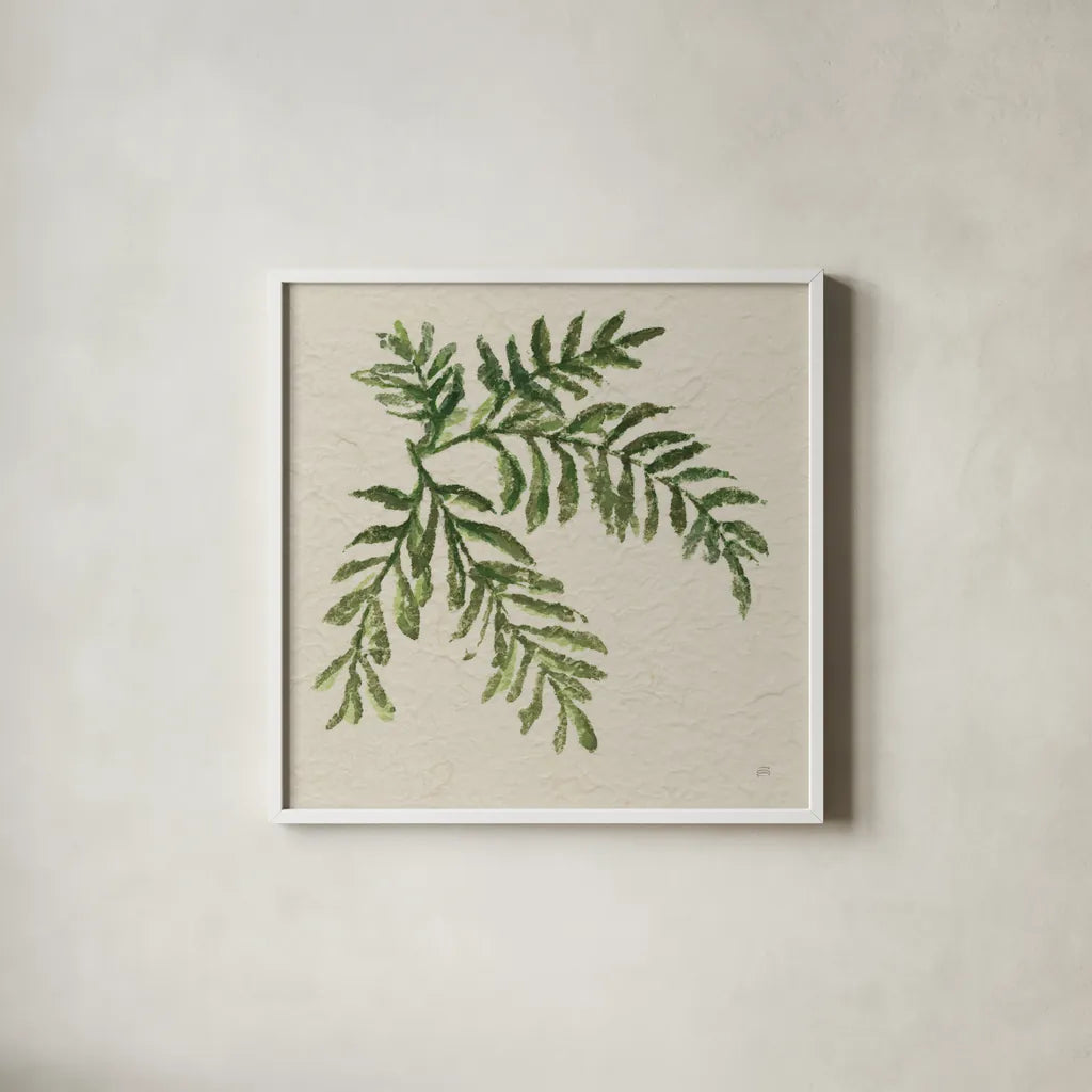 Kozo Fern V by Chris Paschke. Shown in a crisp white glass frame for a clean and minimalist style. Available as an archival giclee rolled canvas, fine art paper, or poster print. SKU 95418a.
