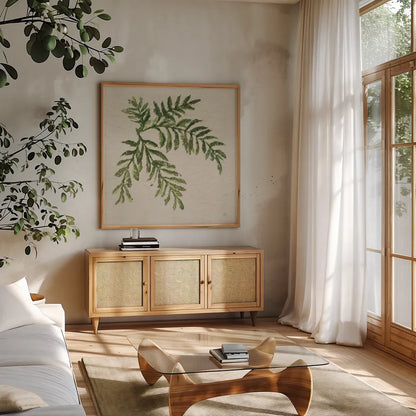 Kozo Fern V by Chris Paschke. Shown in a natural wood frame in a cozy modern living room. Available as an archival giclee rolled canvas, fine art paper, or poster print. SKU 95418a.