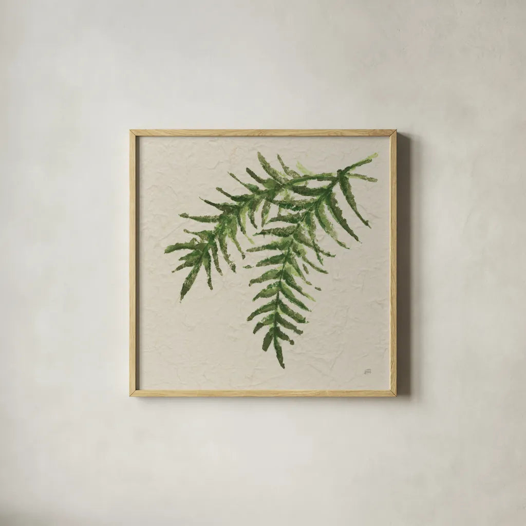 Kozo Fern VI by Chris Paschke. Shown in a natural wood glass frame for a timeless modern aesthetic. Available as an archival giclee rolled canvas, fine art paper, or poster print. SKU 95419a.