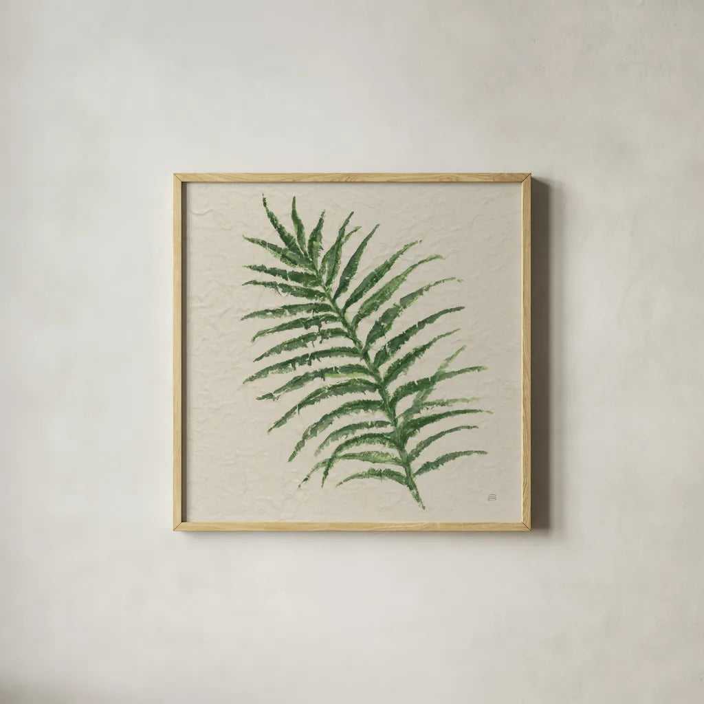 Kozo Fern VII by Chris Paschke. Shown in a natural wood glass frame for a timeless modern aesthetic. Available as an archival giclee rolled canvas, fine art paper, or poster print. SKU 95420a.
