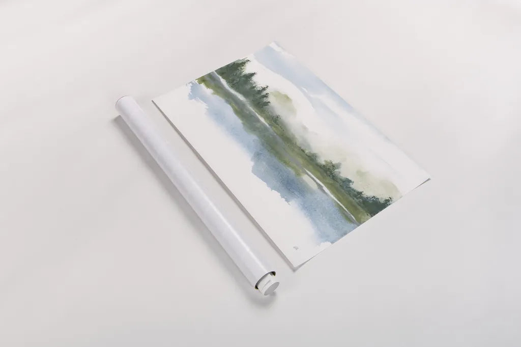 Lake Fog I by Chris Paschke. shown as a rolled paper print. Available as archival giclee rolled canvas, fine art paper, or poster print. SKU 83101i.