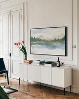 Lake Fog I by Chris Paschke. shown as a framed stretched canvas in a living room above a console. Available as a archival giclee rolled canvas, fine art paper, or poster print. SKU 83101i.