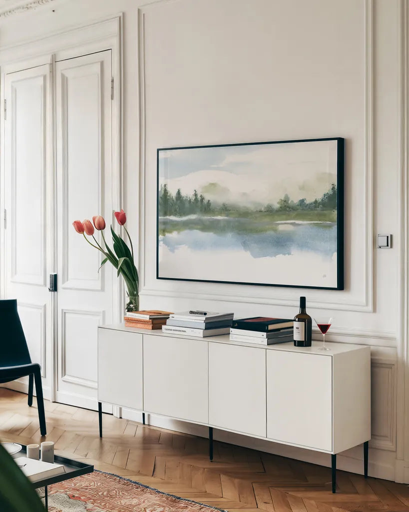 Lake Fog I by Chris Paschke. shown as a framed stretched canvas in a living room above a console. Available as a archival giclee rolled canvas, fine art paper, or poster print. SKU 83101i.