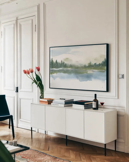 Lake Fog I by Chris Paschke. shown as a framed stretched canvas in a living room above a console. Available as a archival giclee rolled canvas, fine art paper, or poster print. SKU 83101i.