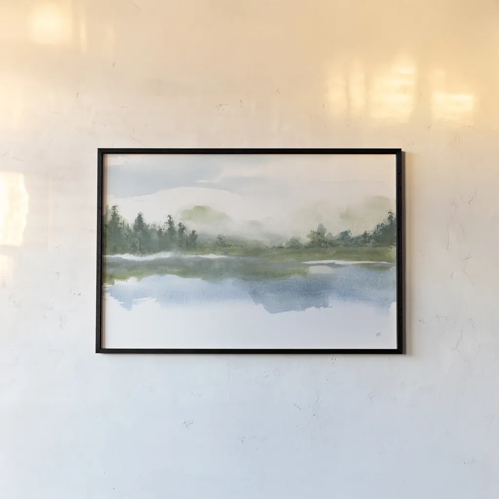 Lake Fog I by Chris Paschke. shown as a paper print in a black flame. Available as a archival giclee rolled canvas, fine art paper, or poster print. SKU 83101i.