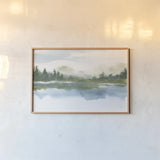 Lake Fog I by Chris Paschke. shown as a paper print in a natural frame. Available as a archival giclee rolled canvas, fine art paper, or poster print. SKU 83101i.