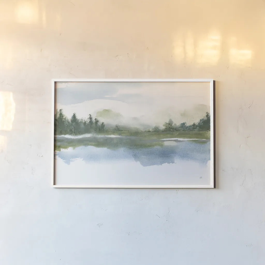 Lake Fog I by Chris Paschke. shown as a paper print in a white frame. Available as a archival giclee rolled canvas, fine art paper, or poster print. SKU 83101i.