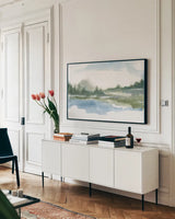 Lake Fog II by Chris Paschke. shown as a framed stretched canvas in a living room above a console. Available as a archival giclee rolled canvas, fine art paper, or poster print. SKU 83102i.
