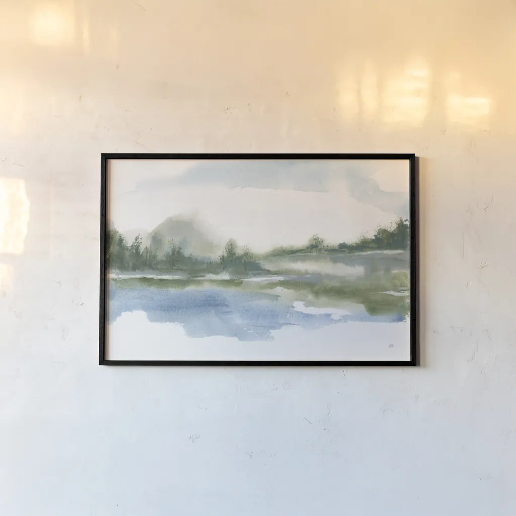 Lake Fog II by Chris Paschke. shown as a paper print in a black flame. Available as a archival giclee rolled canvas, fine art paper, or poster print. SKU 83102i.