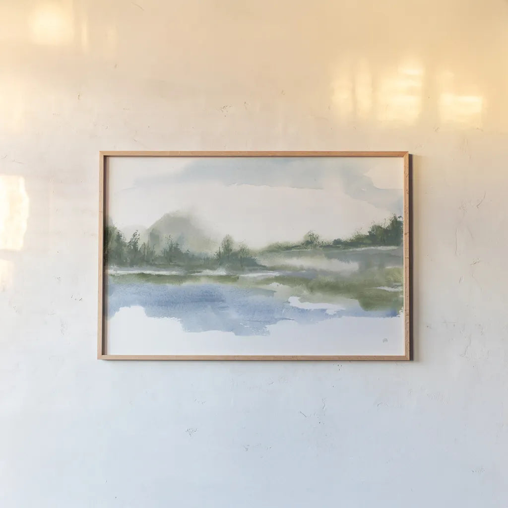 Lake Fog II by Chris Paschke. shown as a paper print in a natural frame. Available as a archival giclee rolled canvas, fine art paper, or poster print. SKU 83102i.