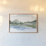 Lake Fog II by Chris Paschke. shown as a paper print in a natural frame. Available as a archival giclee rolled canvas, fine art paper, or poster print. SKU 83102i.
