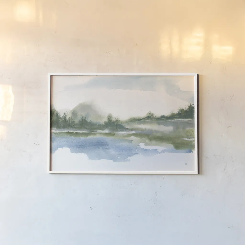 Lake Fog II by Chris Paschke. shown as a paper print in a white frame. Available as a archival giclee rolled canvas, fine art paper, or poster print. SKU 83102i.