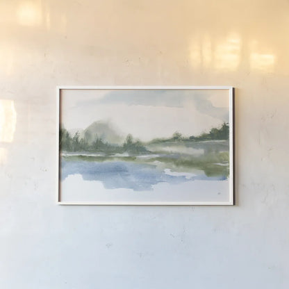 Lake Fog II by Chris Paschke. shown as a paper print in a white frame. Available as a archival giclee rolled canvas, fine art paper, or poster print. SKU 83102i.