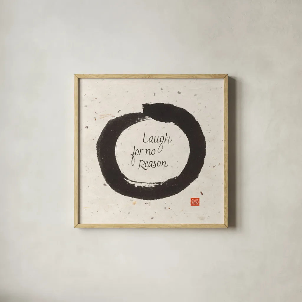 Laugh for No by Chris Paschke. Shown in a natural wood glass frame for a timeless modern aesthetic. Available as an archival giclee rolled canvas, fine art paper, or poster print. SKU 1397a.