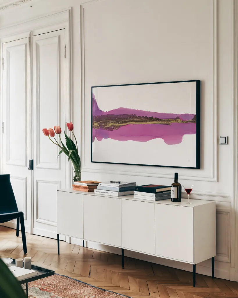 Lava by Chris Paschke. shown as a framed stretched canvas in a living room above a console. Available as a archival giclee rolled canvas, fine art paper, or poster print. SKU 65428i.