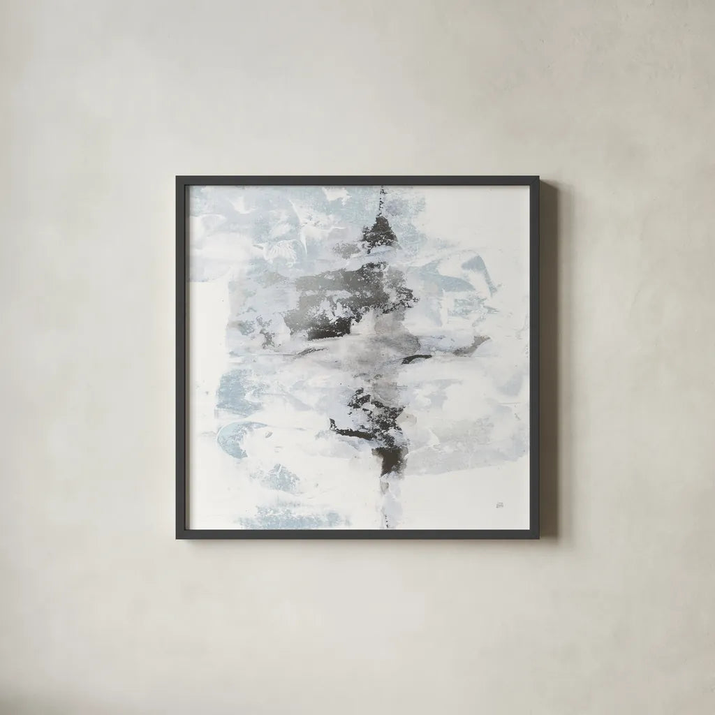 Layered Thinking I with Blue by Chris Paschke. Shown in a sleek black glass frame for a contemporary gallery look. Available as an archival giclee rolled canvas, fine art paper, or poster print. SKU 75528a.