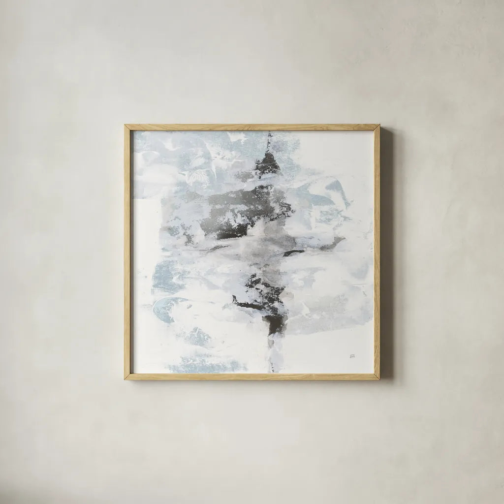 Layered Thinking I with Blue by Chris Paschke. Shown in a natural wood glass frame for a timeless modern aesthetic. Available as an archival giclee rolled canvas, fine art paper, or poster print. SKU 75528a.