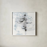 Layered Thinking I with Blue by Chris Paschke. Shown in a crisp white glass frame for a clean and minimalist style. Available as an archival giclee rolled canvas, fine art paper, or poster print. SKU 75528a.