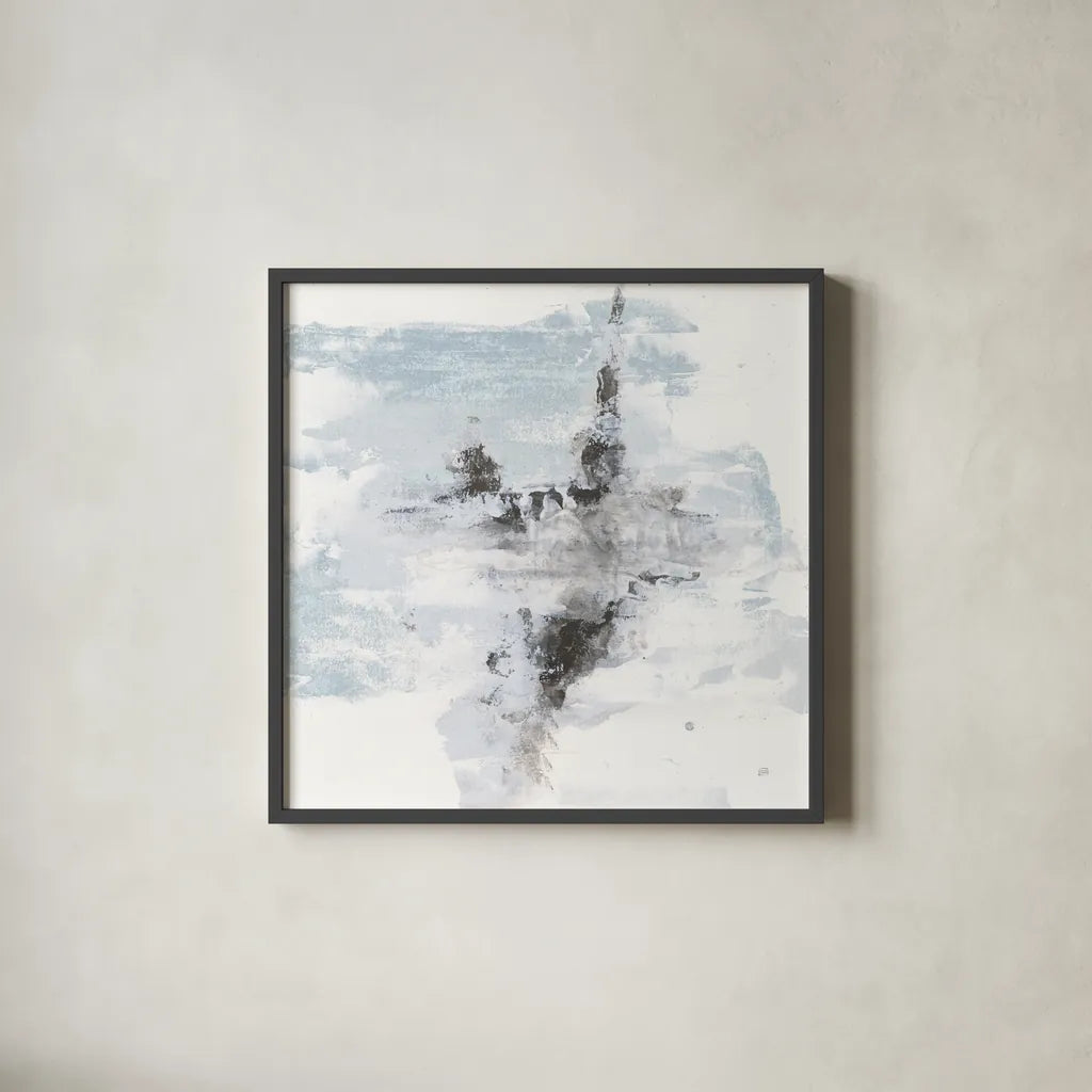 Layered Thinking II with Blue by Chris Paschke. Shown in a sleek black glass frame for a contemporary gallery look. Available as an archival giclee rolled canvas, fine art paper, or poster print. SKU 75529a.