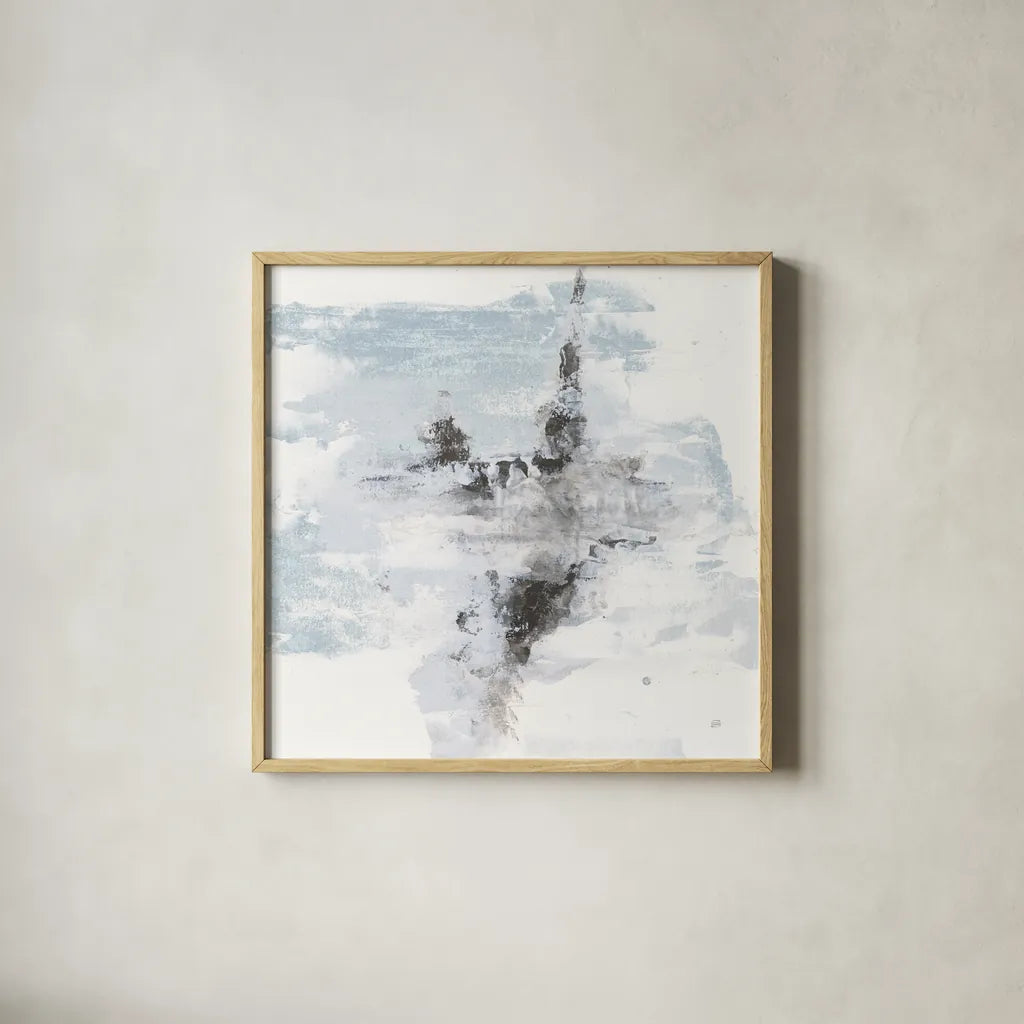 Layered Thinking II with Blue by Chris Paschke. Shown in a natural wood glass frame for a timeless modern aesthetic. Available as an archival giclee rolled canvas, fine art paper, or poster print. SKU 75529a.