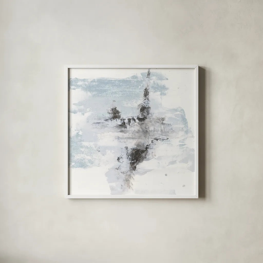 Layered Thinking II with Blue by Chris Paschke. Shown in a crisp white glass frame for a clean and minimalist style. Available as an archival giclee rolled canvas, fine art paper, or poster print. SKU 75529a.