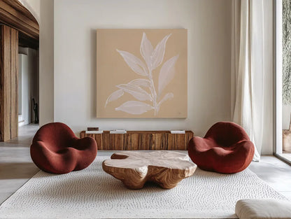 Leaf Study I by Chris Paschke. Shown as extra-large giant wall art in a modern living room. Available as an archival giclee rolled canvas, fine art paper, or poster print. SKU 66772a.