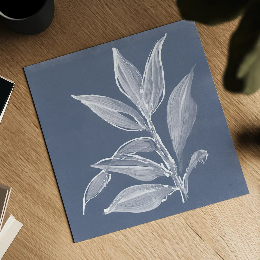 Leaf Study I Blue by Chris Paschke. Shown as a detailed flat fine art print, highlighting archival giclee quality. Available as an archival giclee rolled canvas, fine art paper, or poster print. SKU 80065a.