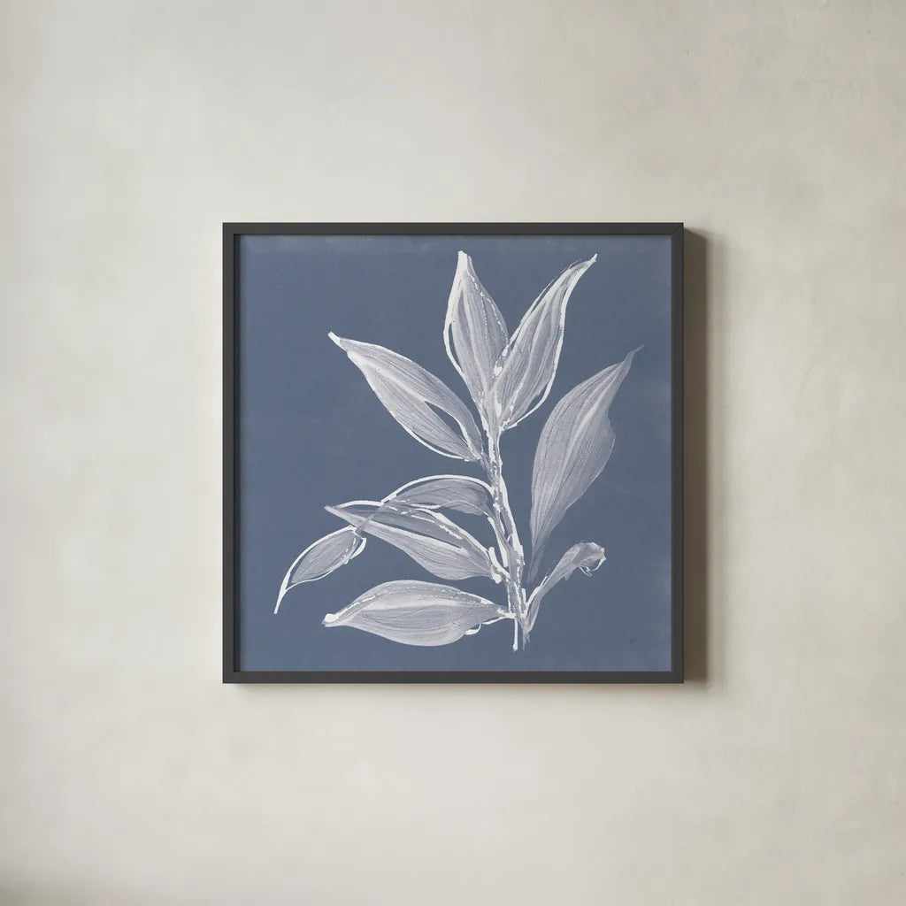 Leaf Study I Blue by Chris Paschke. Shown in a sleek black glass frame for a contemporary gallery look. Available as an archival giclee rolled canvas, fine art paper, or poster print. SKU 80065a.