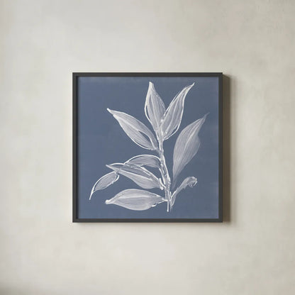 Leaf Study I Blue by Chris Paschke. Shown in a sleek black glass frame for a contemporary gallery look. Available as an archival giclee rolled canvas, fine art paper, or poster print. SKU 80065a.
