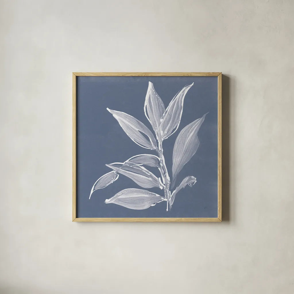 Leaf Study I Blue by Chris Paschke. Shown in a natural wood glass frame for a timeless modern aesthetic. Available as an archival giclee rolled canvas, fine art paper, or poster print. SKU 80065a.