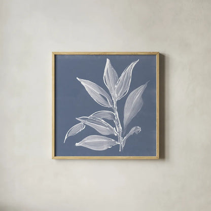 Leaf Study I Blue by Chris Paschke. Shown in a natural wood glass frame for a timeless modern aesthetic. Available as an archival giclee rolled canvas, fine art paper, or poster print. SKU 80065a.