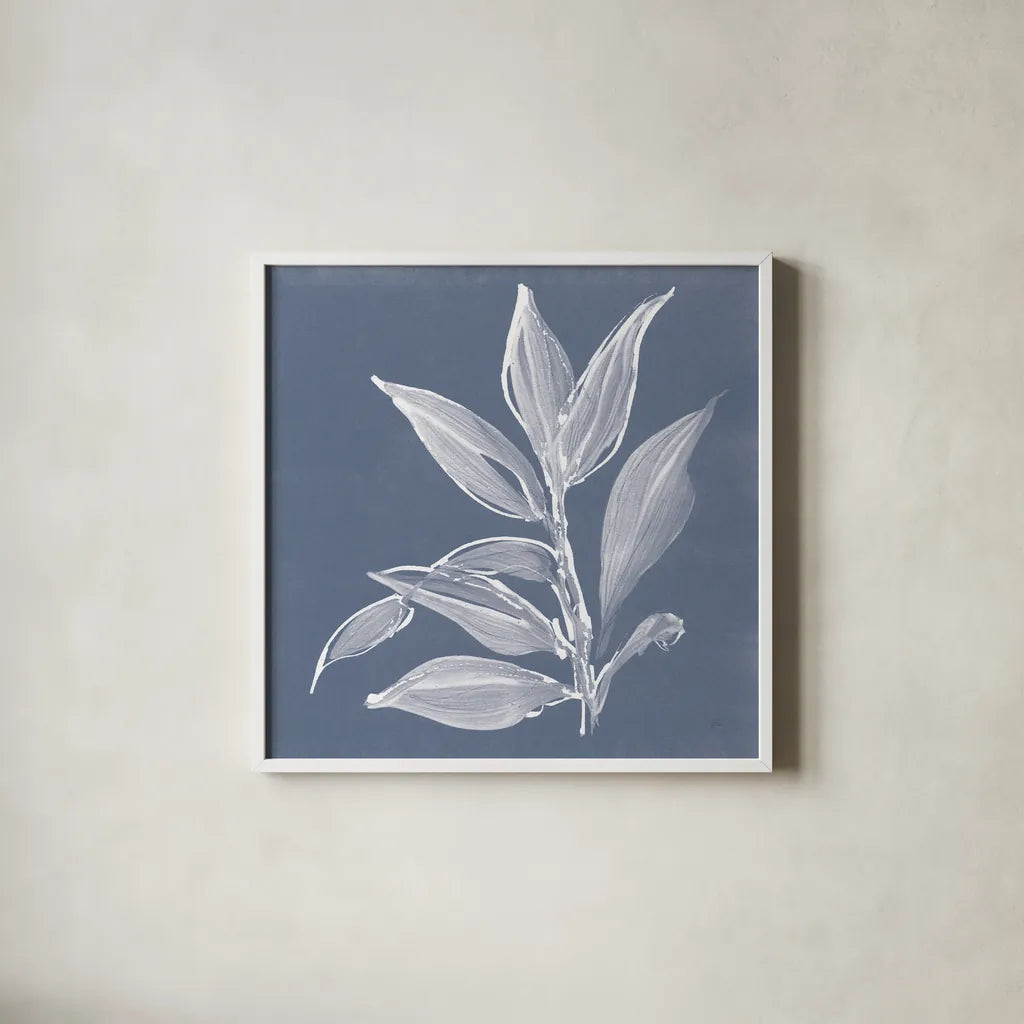 Leaf Study I Blue by Chris Paschke. Shown in a crisp white glass frame for a clean and minimalist style. Available as an archival giclee rolled canvas, fine art paper, or poster print. SKU 80065a.