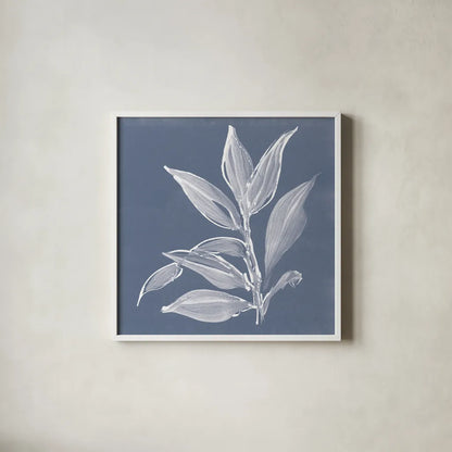 Leaf Study I Blue by Chris Paschke. Shown in a crisp white glass frame for a clean and minimalist style. Available as an archival giclee rolled canvas, fine art paper, or poster print. SKU 80065a.