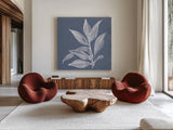 Leaf Study I Blue by Chris Paschke. Shown as extra-large giant wall art in a modern living room. Available as an archival giclee rolled canvas, fine art paper, or poster print. SKU 80065a.
