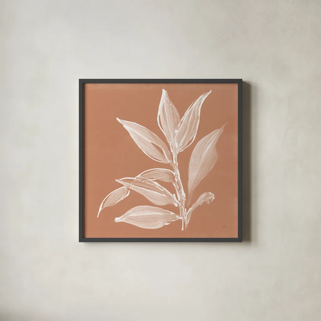 Leaf Study I Pheasant by Chris Paschke. Shown in a sleek black glass frame for a contemporary gallery look. Available as an archival giclee rolled canvas, fine art paper, or poster print. SKU 68930a.