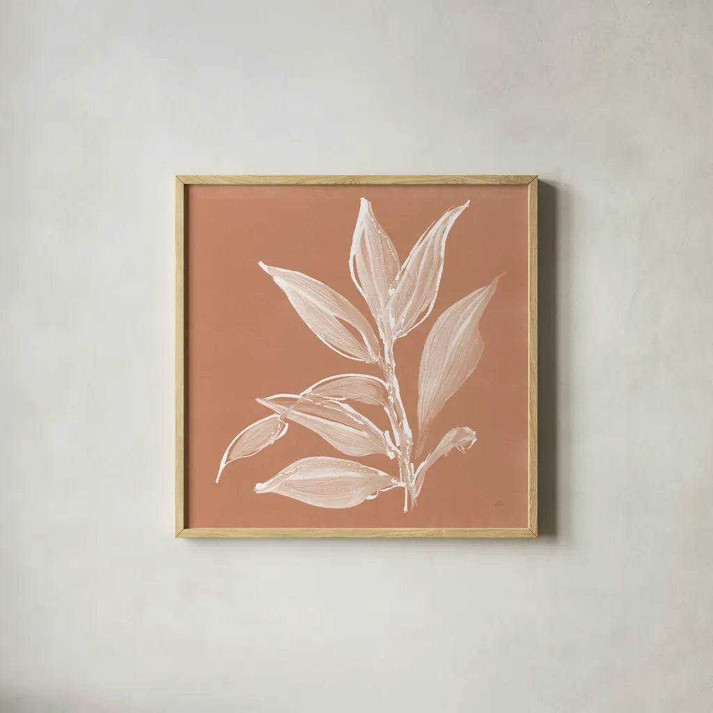 Leaf Study I Pheasant by Chris Paschke. Shown in a natural wood glass frame for a timeless modern aesthetic. Available as an archival giclee rolled canvas, fine art paper, or poster print. SKU 68930a.