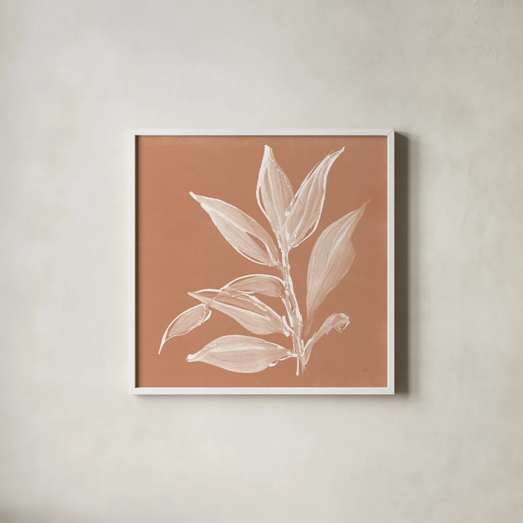 Leaf Study I Pheasant by Chris Paschke. Shown in a crisp white glass frame for a clean and minimalist style. Available as an archival giclee rolled canvas, fine art paper, or poster print. SKU 68930a.