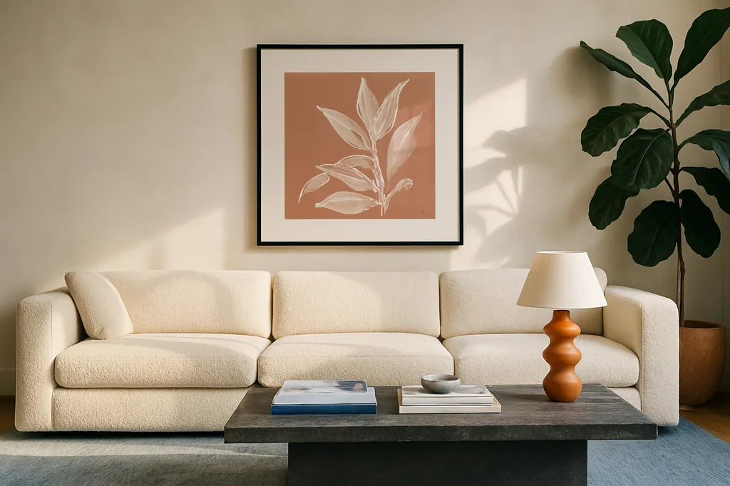 Leaf Study I Pheasant by Chris Paschke. Displayed in a glass frame with matte in a clean modern living room. Available as an archival giclee rolled canvas, fine art paper, or poster print. SKU 68930a.