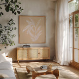 Leaf Study III by Chris Paschke. Shown in a natural wood frame in a cozy modern living room. Available as an archival giclee rolled canvas, fine art paper, or poster print. SKU 66774a.