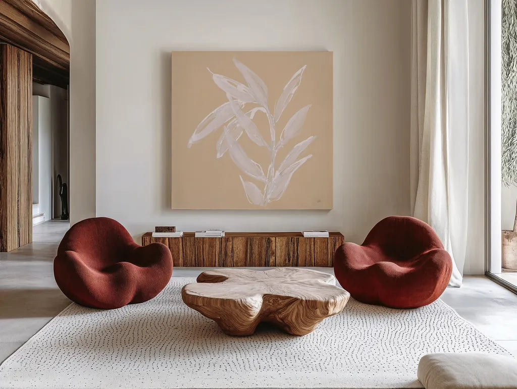 Leaf Study III by Chris Paschke. Shown as extra-large giant wall art in a modern living room. Available as an archival giclee rolled canvas, fine art paper, or poster print. SKU 66774a.