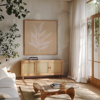 Leaf Study IV by Chris Paschke. Shown in a natural wood frame in a cozy modern living room. Available as an archival giclee rolled canvas, fine art paper, or poster print. SKU 66775a.