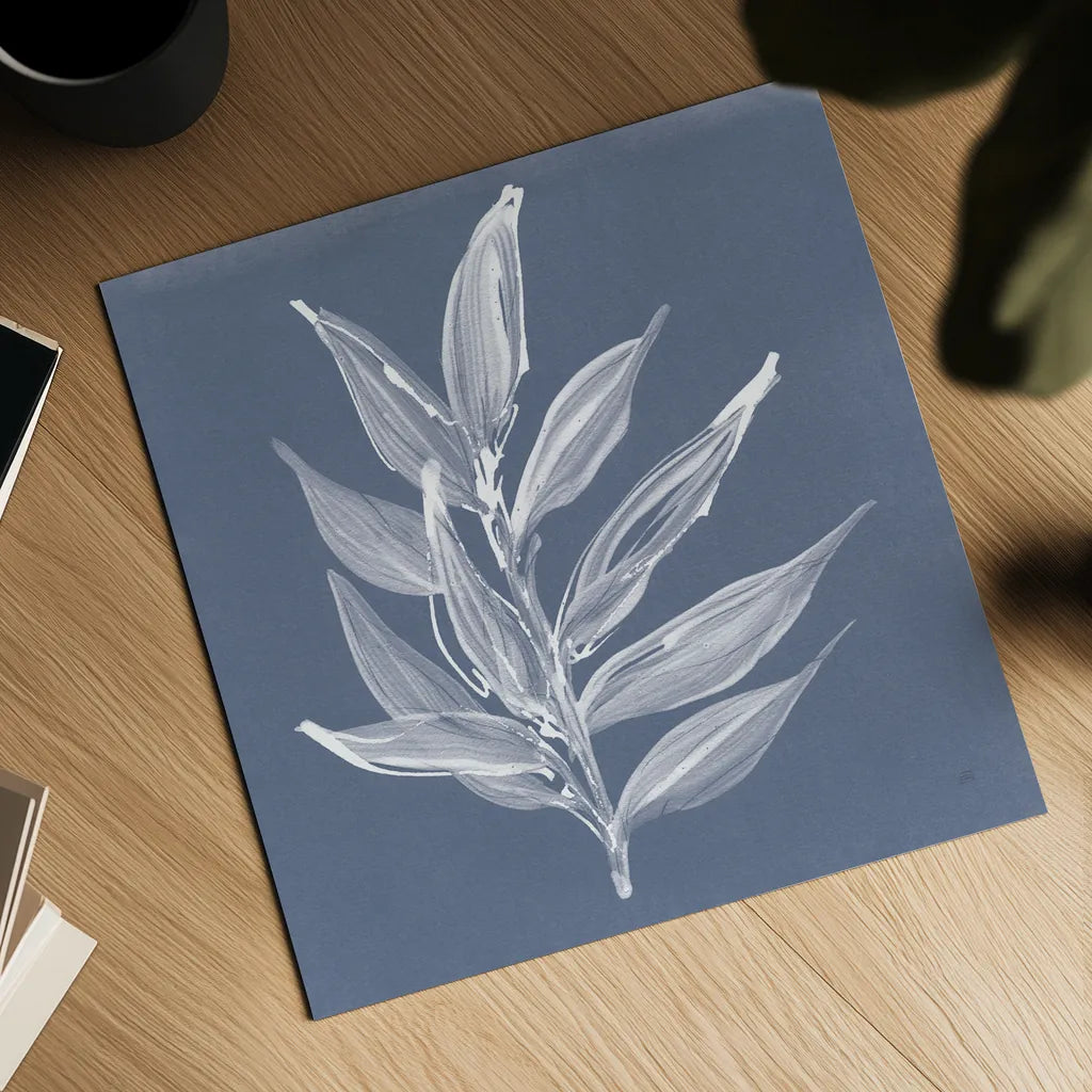 Leaf Study IV Blue by Chris Paschke. Shown as a detailed flat fine art print, highlighting archival giclee quality. Available as an archival giclee rolled canvas, fine art paper, or poster print. SKU 80066a.