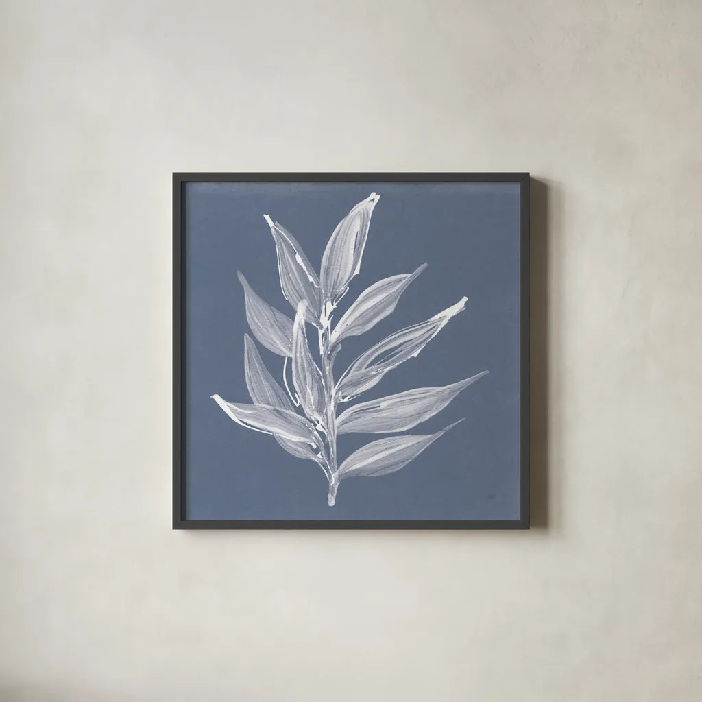 Leaf Study IV Blue by Chris Paschke. Shown in a sleek black glass frame for a contemporary gallery look. Available as an archival giclee rolled canvas, fine art paper, or poster print. SKU 80066a.