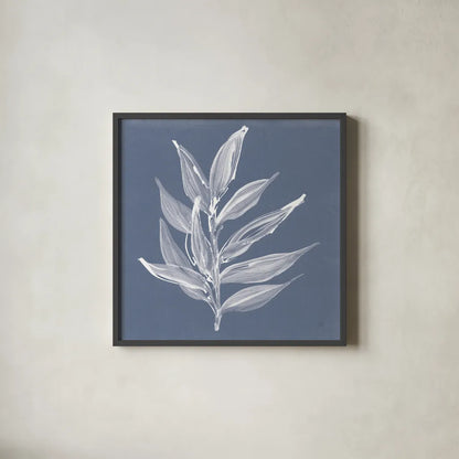 Leaf Study IV Blue by Chris Paschke. Shown in a sleek black glass frame for a contemporary gallery look. Available as an archival giclee rolled canvas, fine art paper, or poster print. SKU 80066a.